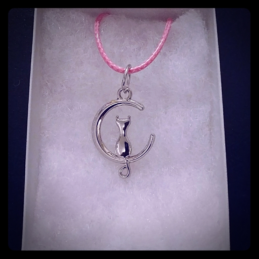 Silver Cat In Moon Necklace